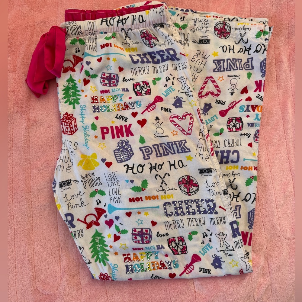 VICTORIA’S SECRET PINK Holiday Winter PJ’s / LOUNGE pants size medium CHEER - Picture 3 of 11